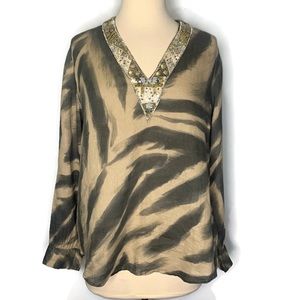 120% Lino Animal Print Embellished V-Neck Linen Long Sleeve Tunic Top Size 6/42